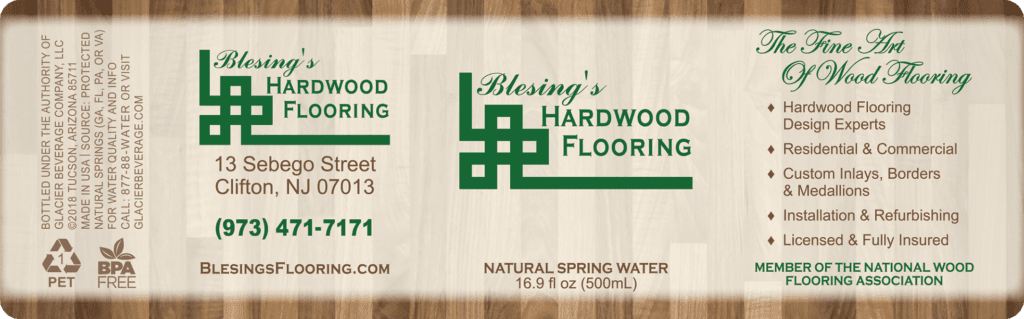 Custom Water Bottle Label for Blesing's Hardwood Flooring, 16.9 oz bottle by Glacier Beverage