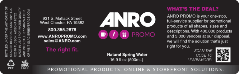 Custom Water Bottle Label for ANRO, 16.9 oz bottle by Glacier Beverage