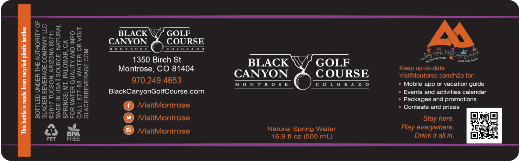 Custom Water Bottle Label for Black Canyon Golf Course, 16.9 oz bottle by Glacier Beverage