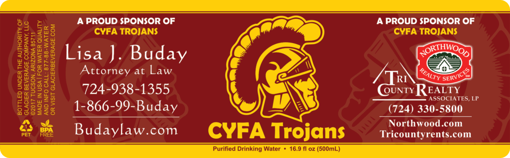 custom bottle water label for a non-profit pop warner football team by Glacier Beverage