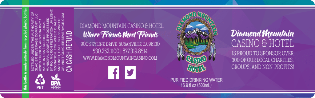 Custom Water Bottle Label for Diamond Mountain Casino & Hotel, 16.9 oz bottle