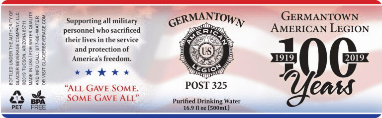 Custom Water Bottle Label for Germantown POST 325, 16.9 oz bottle by Glacier Beverage