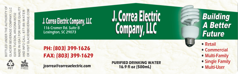 Custom bottle water label for electric company designed by Glacier Beverage