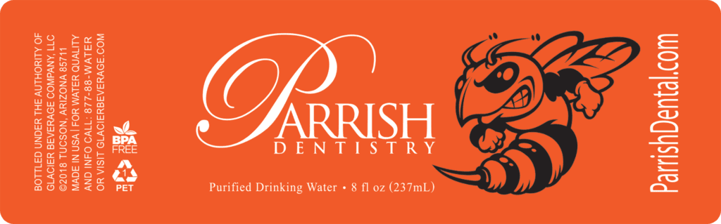 Custom Water Bottle Label for Parrish Dentistry, 16.9 oz bottle