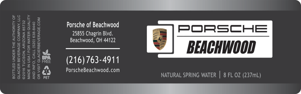 Custom Water Bottle Label for Porsche of Beachwood, 16.9 oz bottle