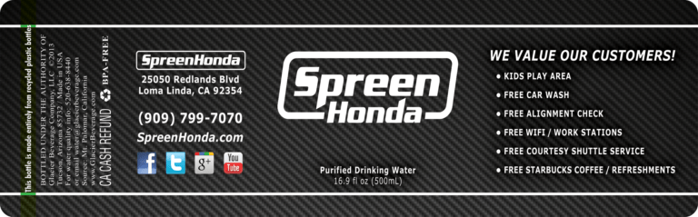 Custom Water Bottle Label for Spreen Honda, 16.9 oz bottle