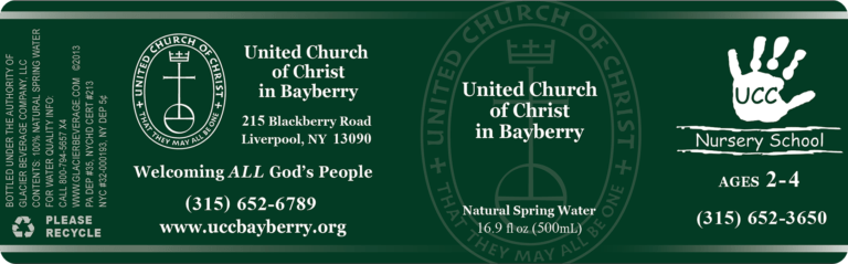 Custom Water Bottle Label for United Church of Christ in Bayberry 16.9 oz bottle