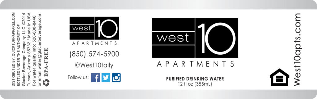 Custom Water Bottle Label for 10 West Apartments, 16.9 oz bottle