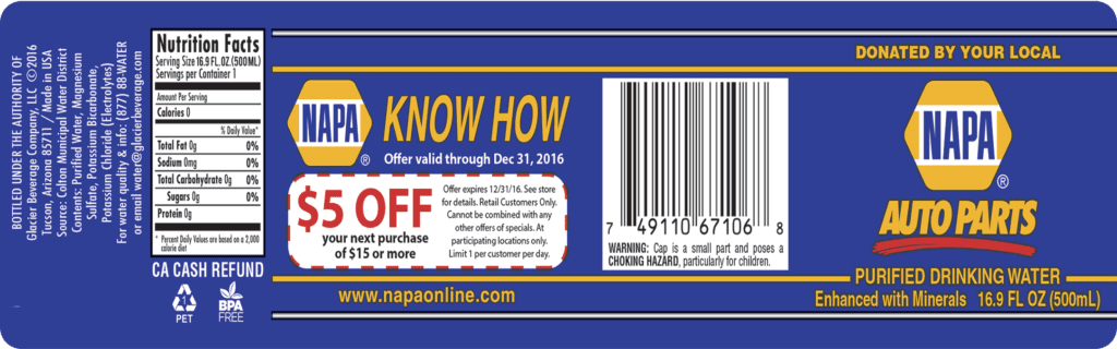 Custom Water Bottle Label for NAPA Auto Parts, 16.9 oz bottle by Glacier Beverage