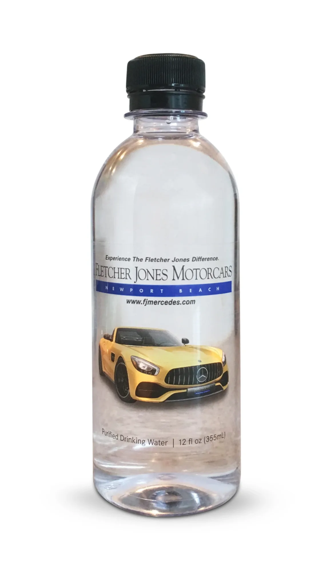 12 oz bottle of custom label water for Fletcher Jones Newport Dealership by Glacier Beverage
