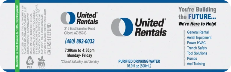 Custom label bottled water for United Rentals designed by Glacier Beverage