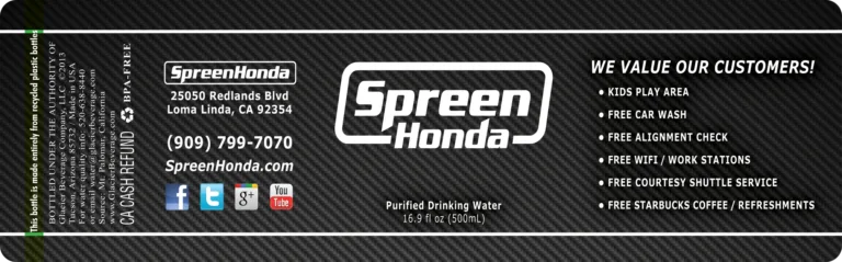12 oz Custom bottle water label for Spreen Honda and Mazda designed by Glacier Beverage