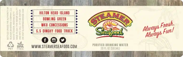 Custom Water Bottle Label for Steamers Seafood, 16.9 oz bottle