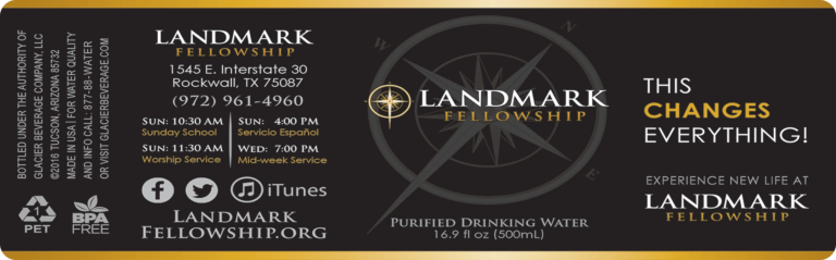 Custom Water Label for Landmark Fellowship, 16.9 oz bottle_church